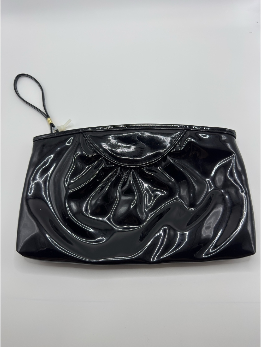 Black Patent Leather Wristlet Clutch Bag with Zipper Closure